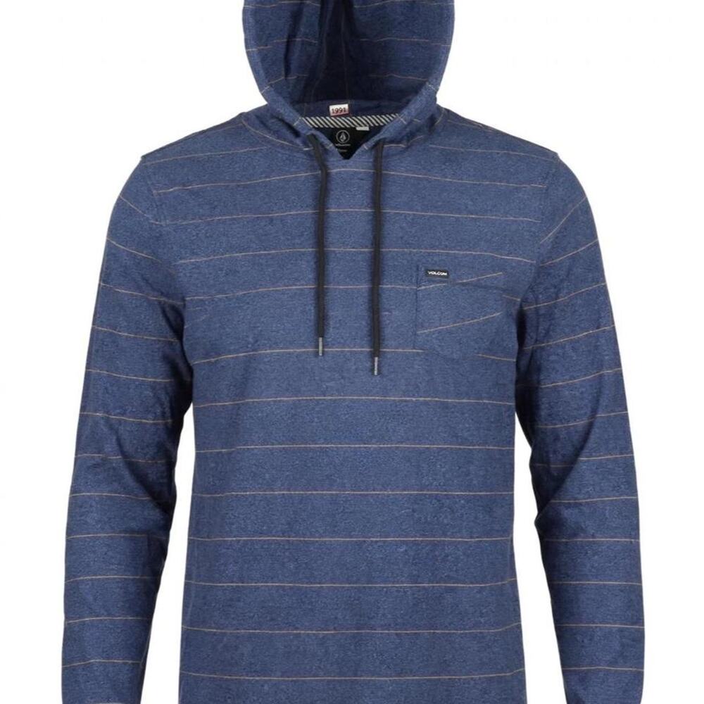 Volcom Hooded Shirt Mens Medium Blue Striped Long Sleeve Pocket Tee Skater